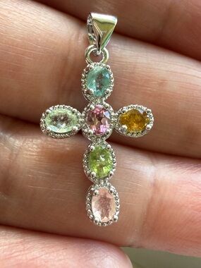 Multi-color Tourmaline Cross Silver Pendant